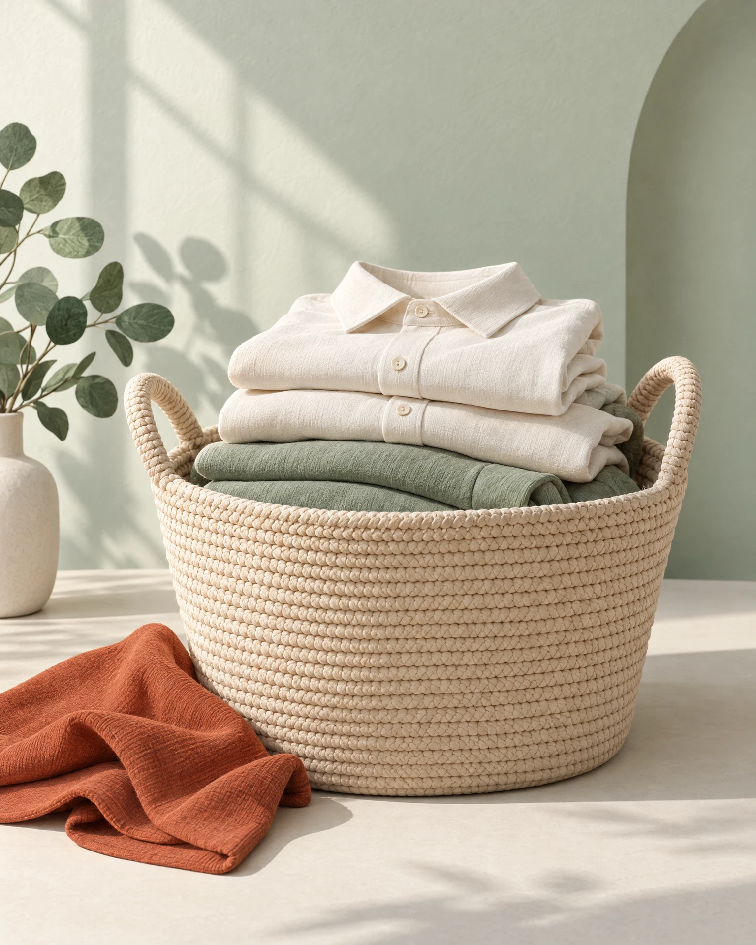 Illustration of folded clothes in a woven basket